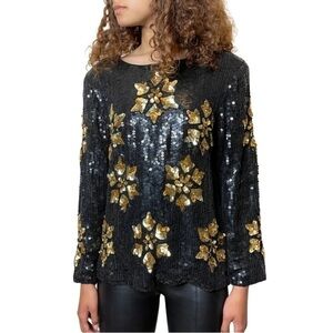Woodward black gold snowflake sequin silk blouse top size S
